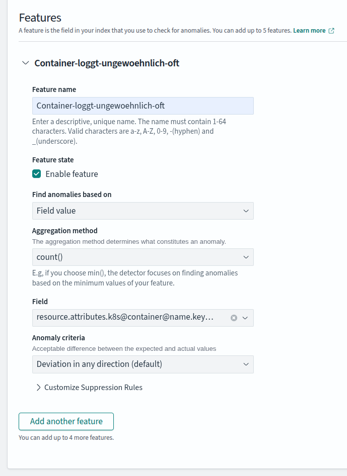 Feature mit count() über das Kubernetes-Feld für den Container-Namen