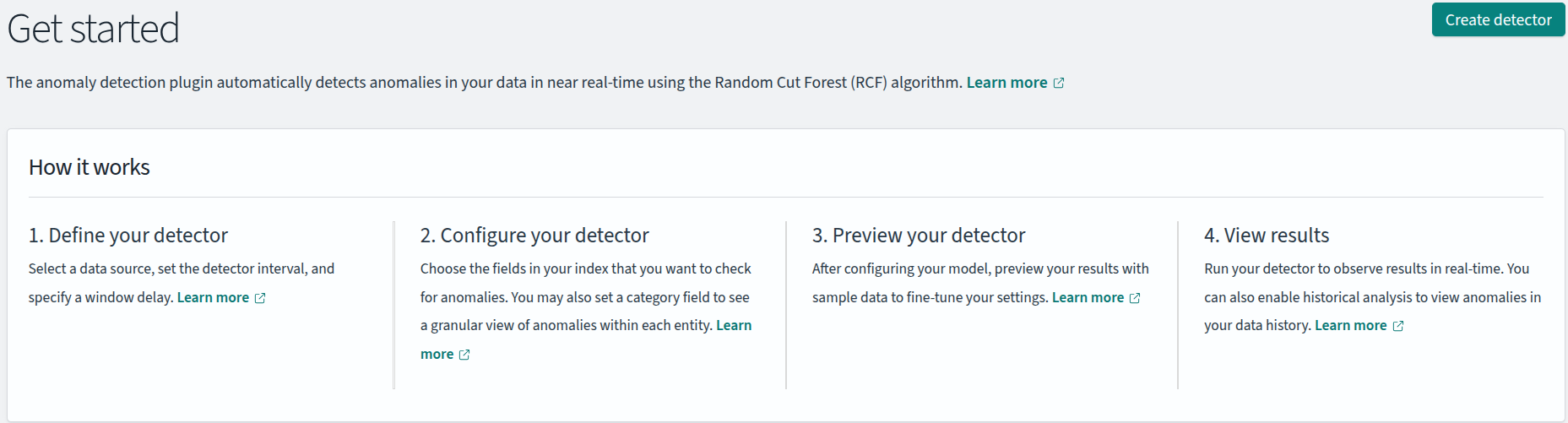 Get-started-Ansicht des Anomaly-Detection-Plugins in OpenSearch Dashboards